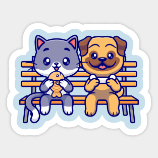 Cute Pug Dog And Cat Eating Food On Bench Park Cartoon Sticker